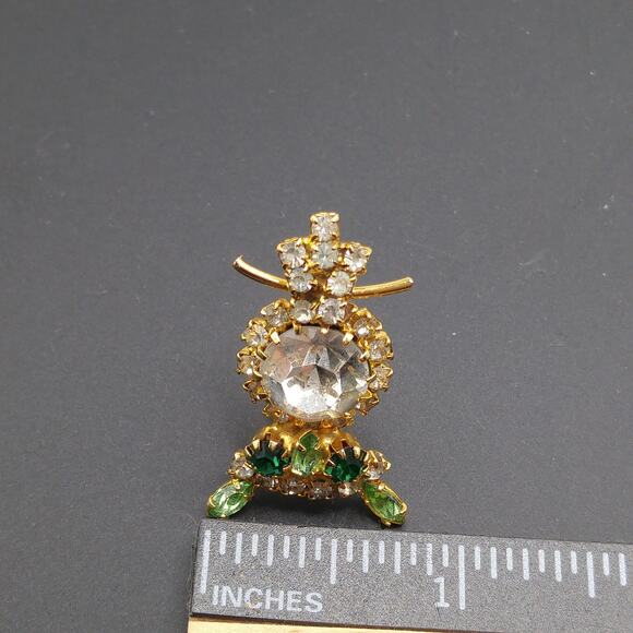 Vintage Green Rhinestone Owl Brooch, Uranium Glass Ears Nose, Gold Plated - Picture 5 of 10